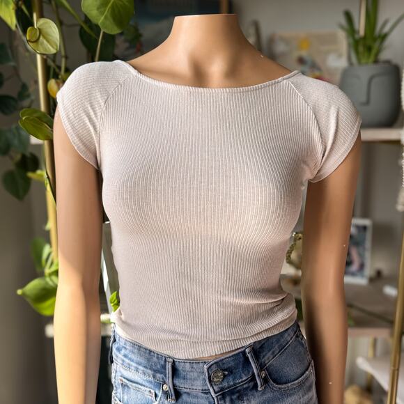 aerie Tops - Aerie Ribbed Open Back Fitted T-Shirt Empire Cream Clean Girl Minimalist - XS